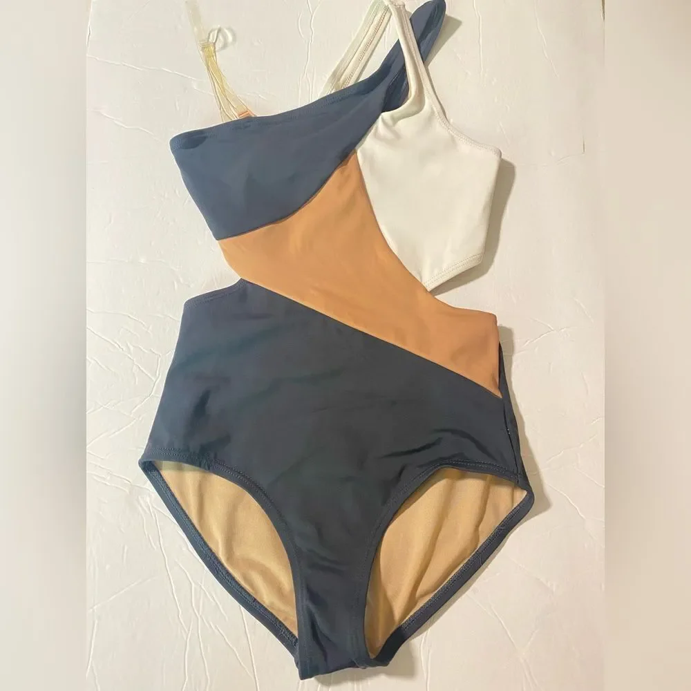 LUMI COLLECTIVE tan Color Block contemporary convention Leotard Dance costume L